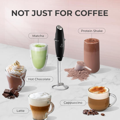 Zulay Kitchen Powerful Double Whisk Milk Frother Handheld - Foam Maker with Stand - Whisk Drink Mixer for Coffee, Mini Foamer for Latte, Matcha, Frappe, Hot Chocolate & Cappuccino (Black) - PuriLite