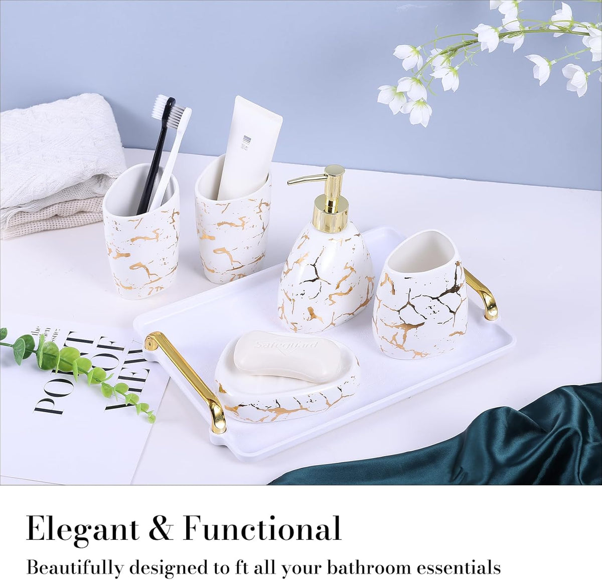 White Bathroom Accessories Set,Modern Countertop Bathroom Decor,Luxury 6 Piece Bathroom Accessory Set,Complete with Soap Dispenser,Toothbrush Holder,Tumbler,Tray - PuriLite