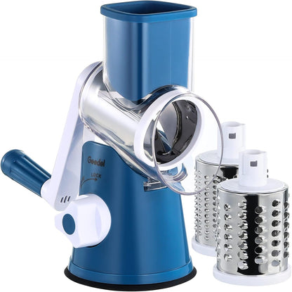 Geedel Kitchen Cheese Grater, Rotary Mandoline Vegetable Slicer with Interchangeable Blades, Easy to Use Rotary Grater Slicer for Fruit, Vegetables, Nuts - PuriLite