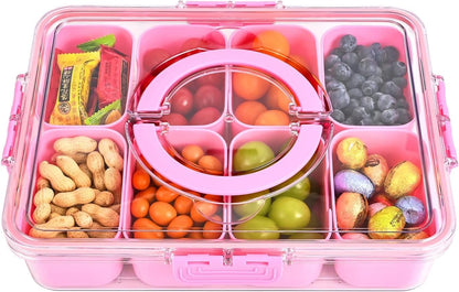 KIGITIONE Snackle Box, Pink 8 Compartments Portable Serving Tray, Divided Snackle Box Container with Lid and Handle, Snack Organizer for Fruits, Snacks, Nuts, Candy, Ideal for Party, Travel & Picnics - PuriLite