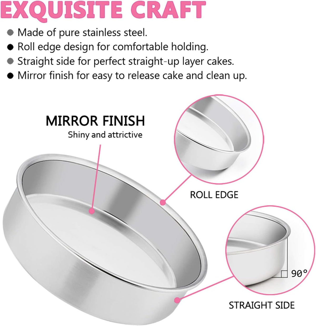 6 Inch Cake Pan Set of 3, E-far Stainless Steel Round Smash Cake Baking Pans, Non-Toxic & Healthy, Mirror Finish & Dishwasher Safe - PuriLite
