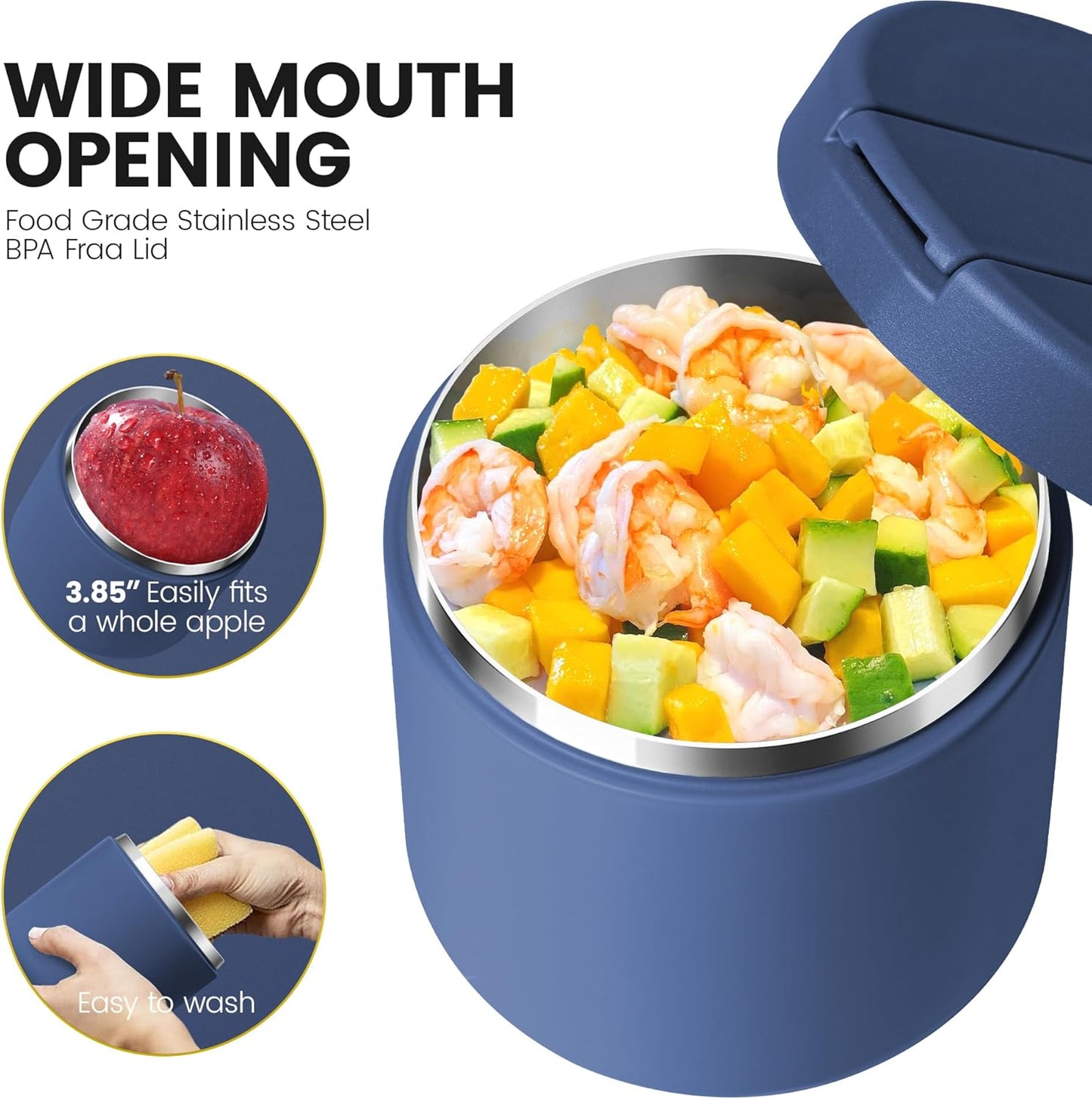 19 Oz Insulated Food Jar, Buckle Lid Wide Mouth Soup Jar, Leakproof Stainless Steel Lunch Container for School Office Travel, Blue - PuriLite