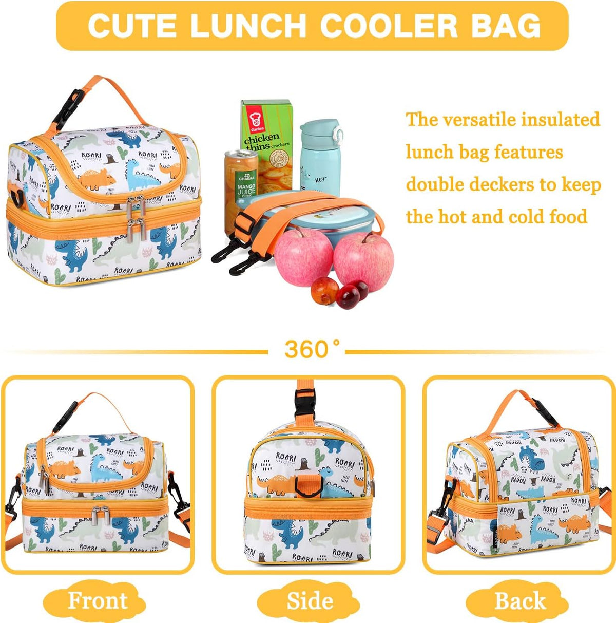 VASCHY Lunch Box Bag Men, Insulated Two Compartments Bento Cooler Bags for Adults/Women/Kids for School,Daycare,Kindergarten,Picnic Black - PuriLite