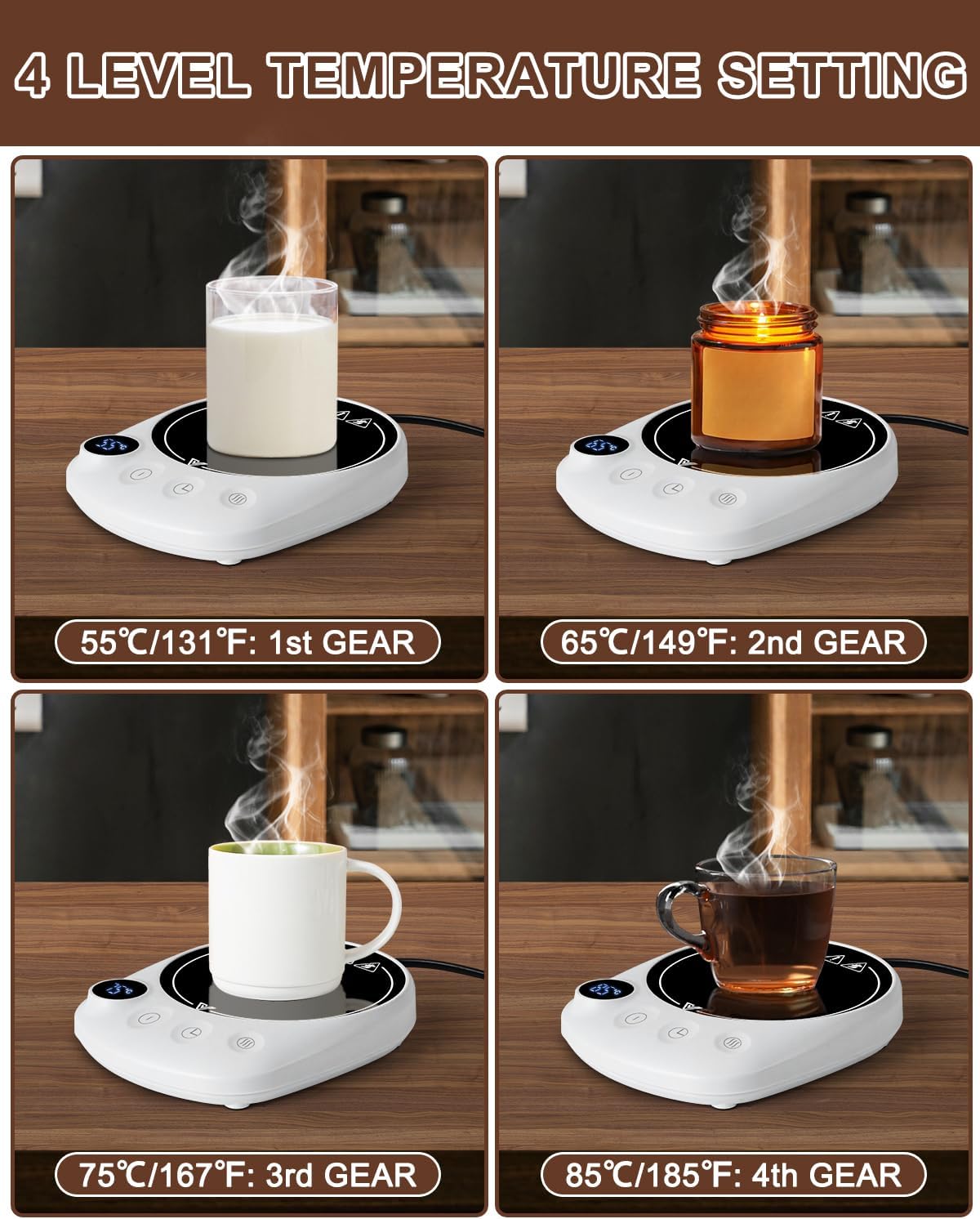 MYMULIKE Mug Warmer, Coffee Mug Warmer for Desk with 4 Temperature Settings (55℃/65℃/75℃/85℃), Coffee Warmer with Auto Shut Off, 1-12 Hour Timer, Desk Accessories for Office/Home - PuriLite