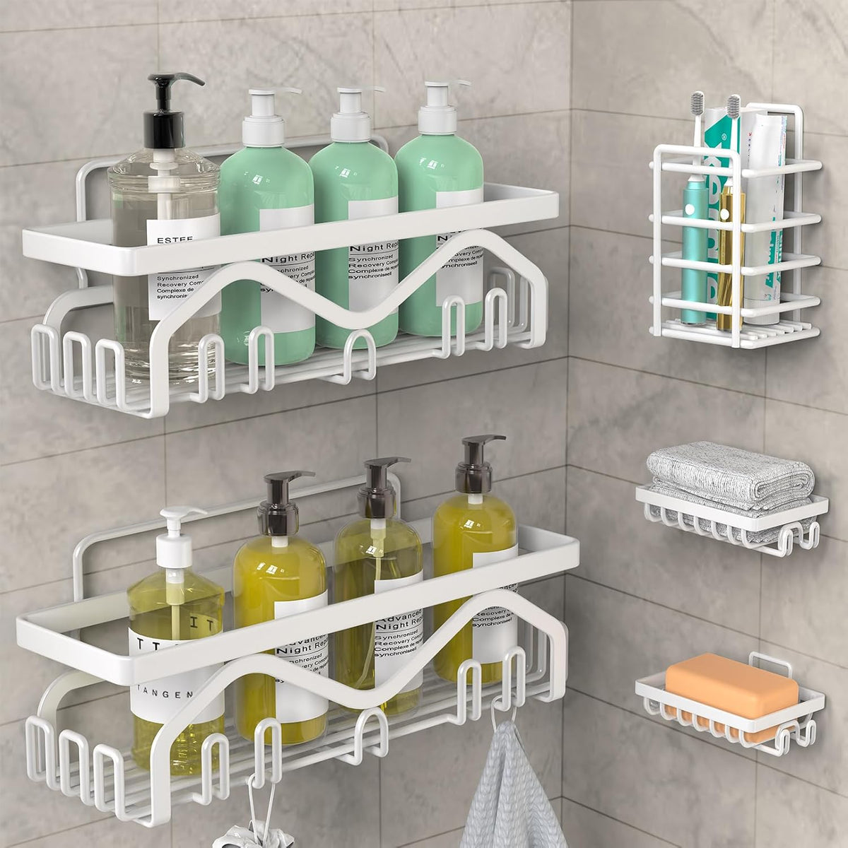 Coraje Adhesive Shower Caddy, 5-Pack Shower Shelves, Large Capacity Load Bearing 40 LBS Shower Organizer, No Drilling Shower Shelf, Rustproof Stainless Steel Bathroom Shower Storage, Black - PuriLite
