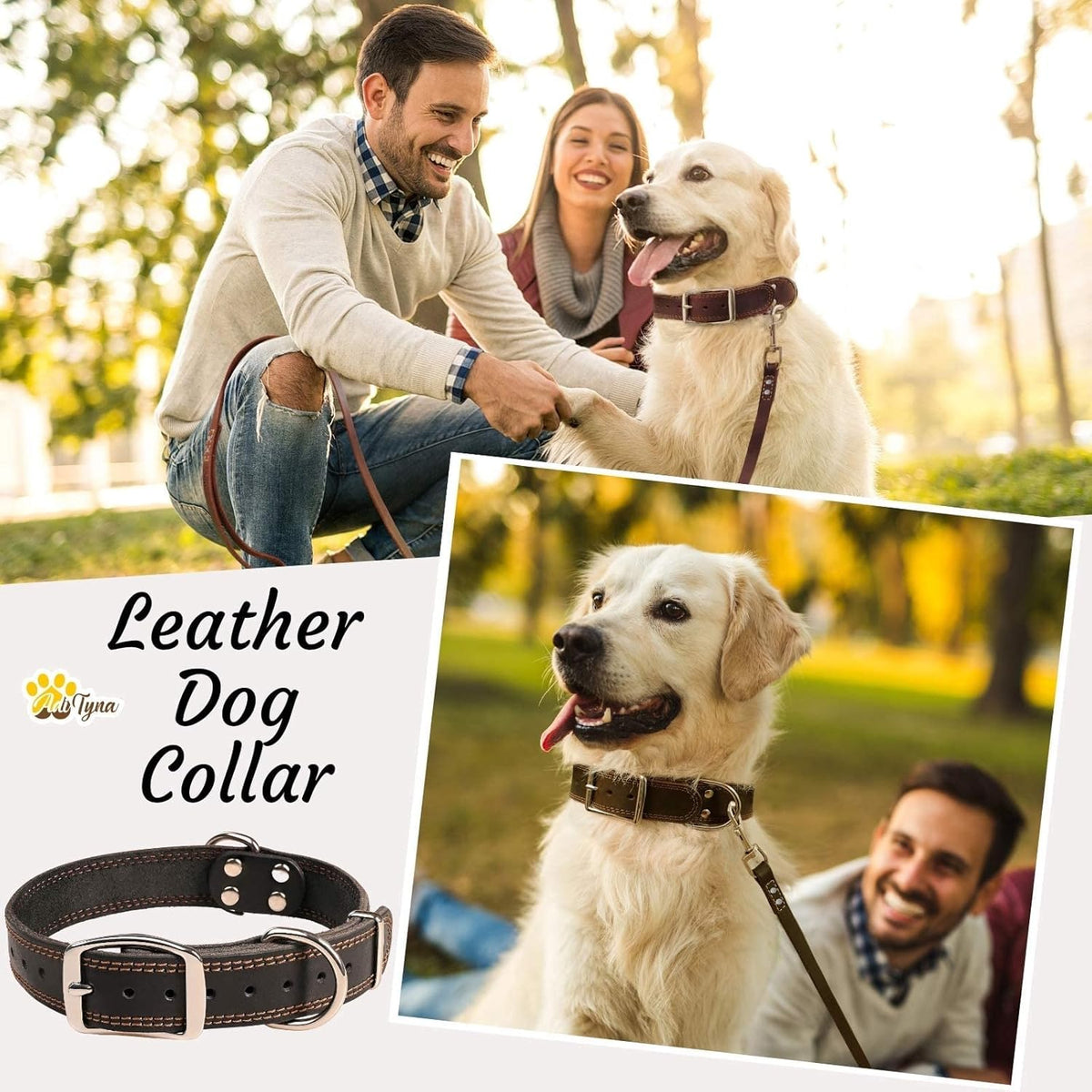 ADITYNA Heavy-Duty Leather Dog Collar for Medium Dogs - Soft and Strong, 100% Genuine Leather - Collier Pour Chien (Medium: Fit 13" - 20" Neck, Brown) - PuriLite