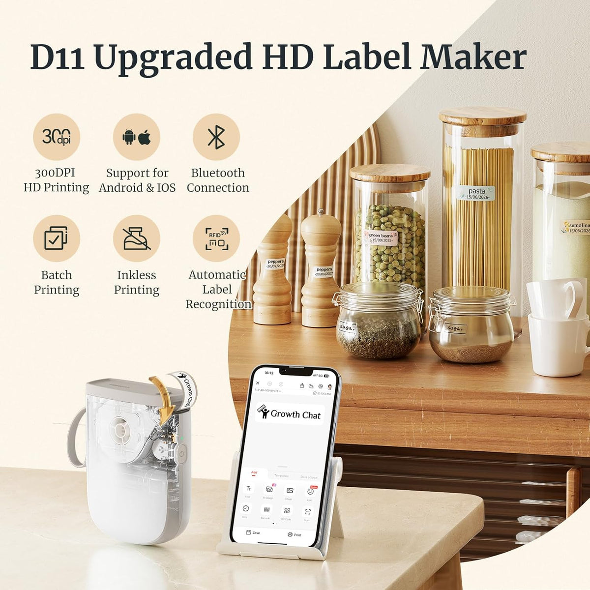 NIIMBOT D110 Mini Label Maker Machine with Tape(Pre-Cut Size 12x40mm), Portable Bluetooth Sticker Printer, Inkless Automatic Feeding One-Touch Custom Printing, Compatible with Phone Only - PuriLite