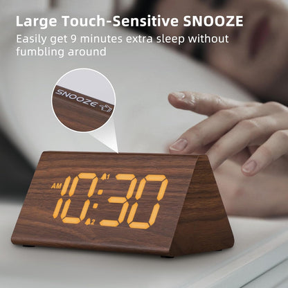 Odokee Wooden Digital Alarm Clock for Bedroom: Electric Desk Clock with Large LED Display - Brown - PuriLite