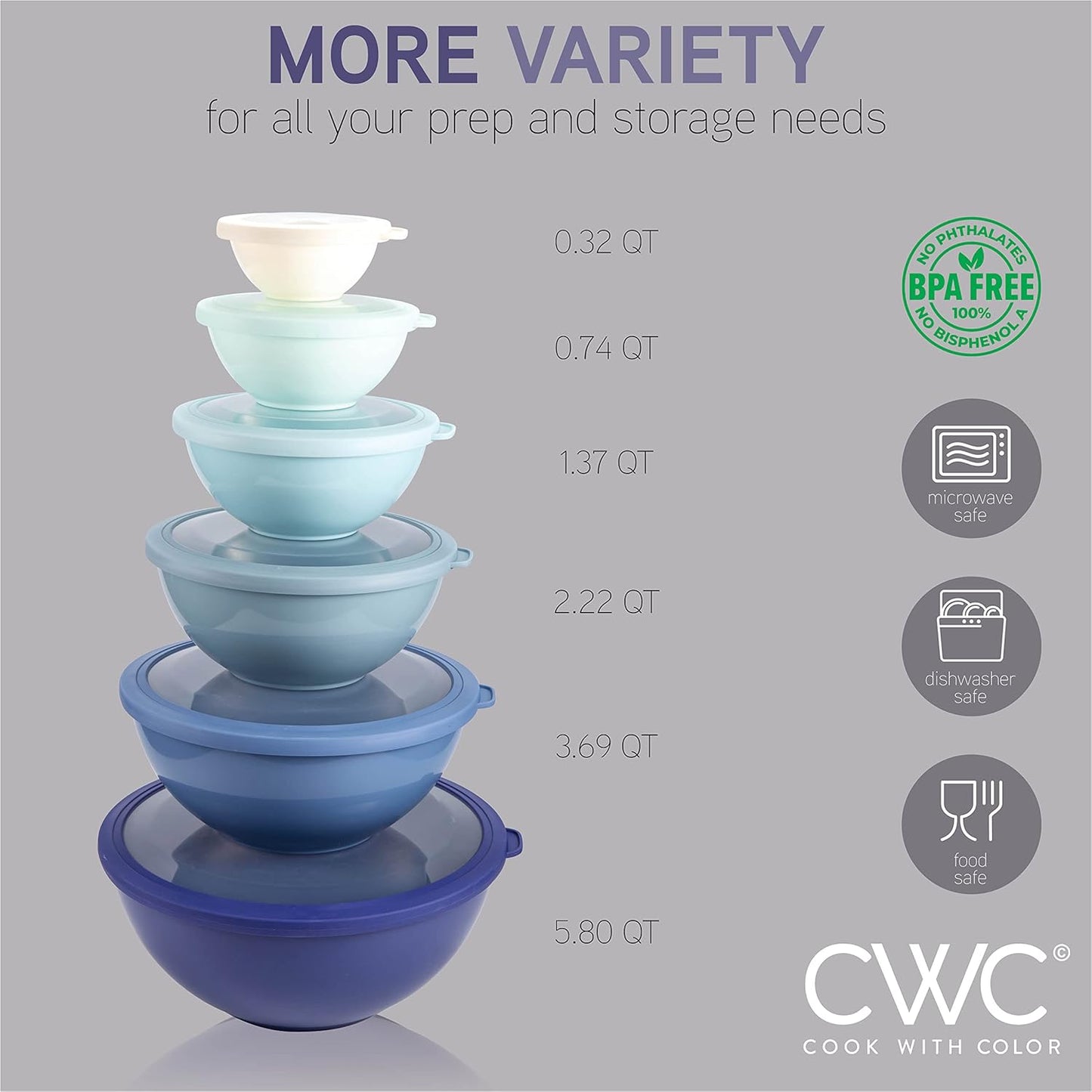 COOK WITH COLOR Mixing Bowls with TPR Lids - 12 Piece Plastic Nesting Bowls Set Includes 6 Prep Bowls and 6 Lids, Microwave Safe Mixing Bowl Set (Mint) - PuriLite