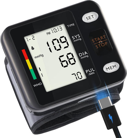 WRIST DIGITAL BLOOD PRESSURE MONITOR MACHINE BP CUFF FOR HOME USE (Black, Backlit LCD Display) - PuriLite