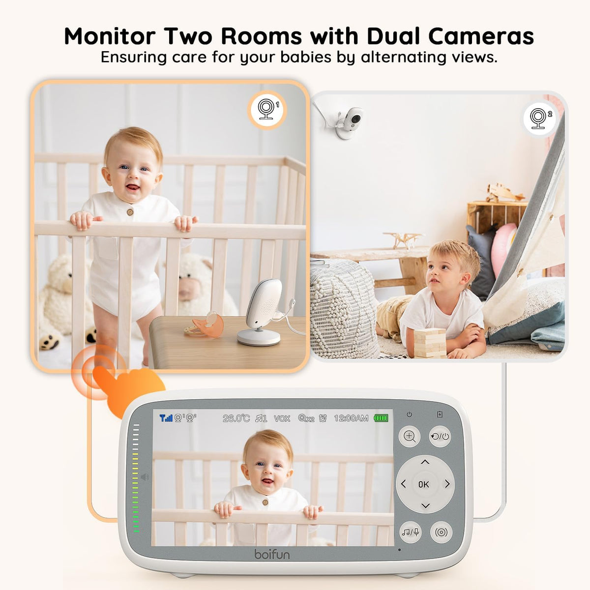 BOIFUN Baby Monitor No Wi-Fi, 4'' 3X Zoom Display, Video Baby Monitor Camera, IPS 720p Wireless (Moniteur Bébé), Easy to Use and Set Up, VOX Sound Detection, Invisible Infrared Night Vision - PuriLite