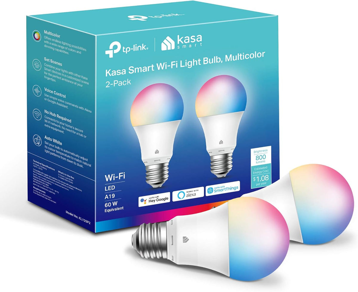 Kasa Smart Light Bulbs, Full Colour Changing Dimmable Smart WiFi Bulbs Compatible with Alexa and Google Home, A19, 9W 800 Lumens,2.4Ghz only, No Hub Required, 2-Pack (KL125P2), Multicolour - PuriLite
