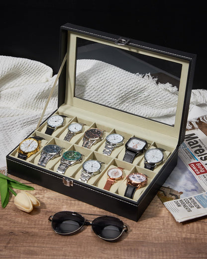 Ohuhu Watch Box Organizer for Men -12 Slot Leather Watch Case with Real Glass Lid Watch Display Case, Watch Organizer Jewelry Storage Box - PuriLite