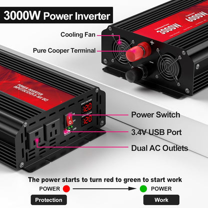 3000W Power Inverter,12V DC to AC 110V120V Peak Power 6000W with 2AC Outlets and 2.4USB Port,LCD Display Car Inverter for Outdoor Activities,Emergency - PuriLite