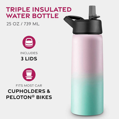 FineDine Water Bottle - Stainless Steel Insulated Water Bottle with Straw Lid, Flip Lid & Wide-Mouth Cap - Keeps Hot and Cold - 25 Oz / 739ml - Pure Pearly White - PuriLite