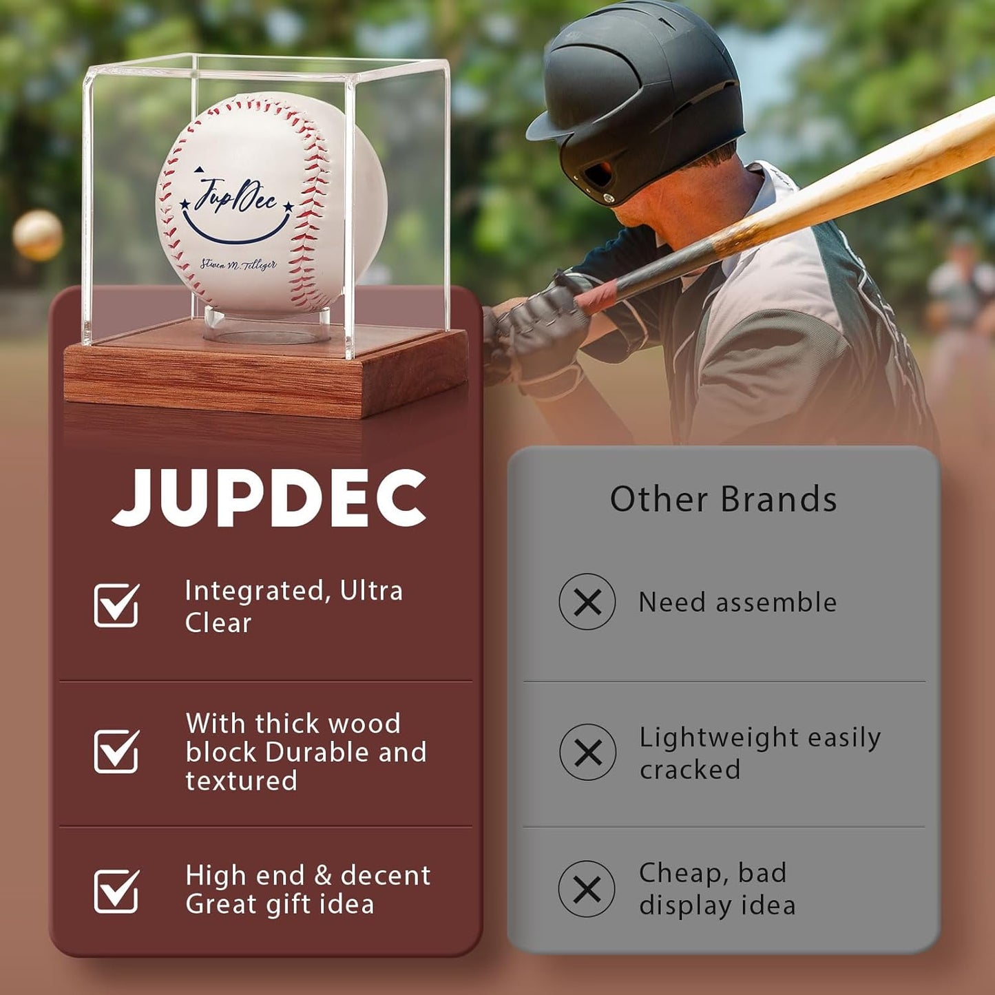 JupDec Baseball Display Case, Clear Cube Baseball Holder with Wooden Base, Autograph Baseball Stand Box for Single Ball, Acacia Wood, Brown, 1 Pack - PuriLite