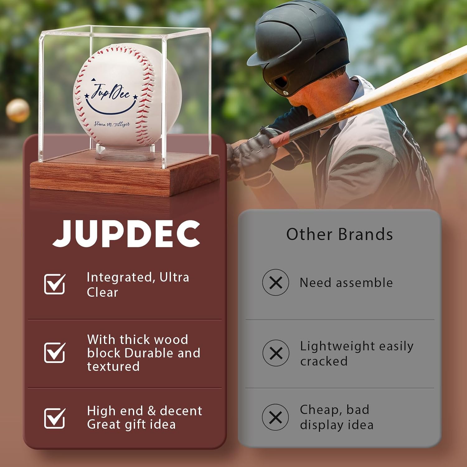 JupDec Baseball Display Case, Clear Cube Baseball Holder with Wooden Base, Autograph Baseball Stand Box for Single Ball, Acacia Wood, Brown, 1 Pack - PuriLite
