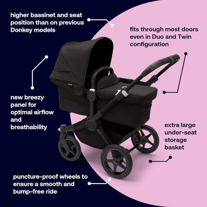 Bugaboo Donkey 5 Mono Complete,Single Stroller Converts to Side-by-Side Double Stroller, Multiple Seat Positions, Black/Midnight Black-Midnight Black - PuriLite