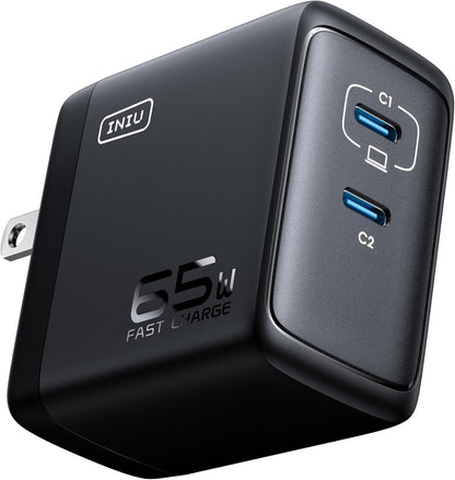 INIU USB C Charger, 65W Fast Charging GaN Wall Charger, 2-Port Compact Foldable PD PPS Charger Block for MacBook Pro/Air, iPad Pro, iPhone 16/15, Galaxy S23, Dell XPS 13, Note 20/10+, Steam Deck - PuriLite