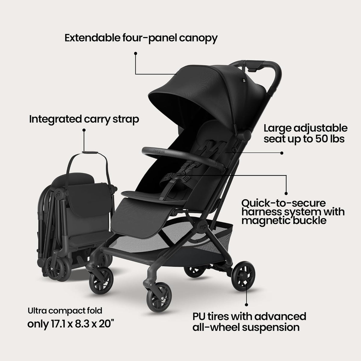 Mompush Velo Lightweight Travel Stroller – One-Hand Fold, Ultra-Compact & Airplane Friendly, Lie-Flat Recline Seat (from Birth to 50 lbs), Includes Cup Holder, Shoulder Strap, and Leather Bumper Bar - PuriLite