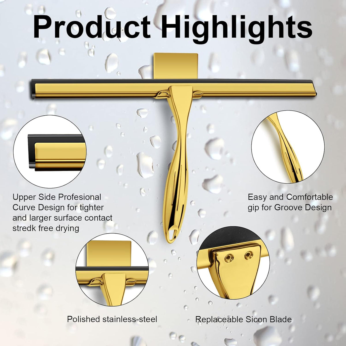 14 Inch Shower Squeegee Stainless Steel with Shower Door Hook and Adhesive Hook Glass Squeegee Bathroom for Doors, Bathroom, Windows, Kitchen, Mirror with Spare Silicone Blade 2 Hooks - PuriLite