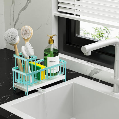 Cisily Sponge Holder for Kitchen Sink, Sink Caddy with High Brush Holder, Organzier Rustproof 304 Stainless Steel Dish Organizer Divider, Soap Dispenser Storage (Black) - PuriLite