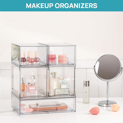 Vtopmart 3 Pack Stackable Clear Plastic Drawer Organizer, Makeup Organizers and Storage for Eyeshadow Palettes, Cosmetics, Beauty Supplies, Ideal for Vanity, Desk, Office, Bathroom Organization - PuriLite