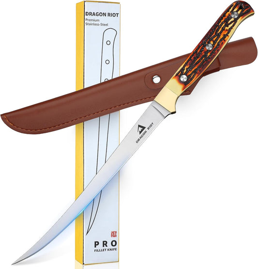 DRAGON RIOT Fillet Knife 7.5 inch Professional Boning Knife for Filleting Japanese Stainless Steel Fish Knife with Ergonomic Handle Super Sharp Fish Filleting Knife for Meat Poultry Cutting - PuriLite