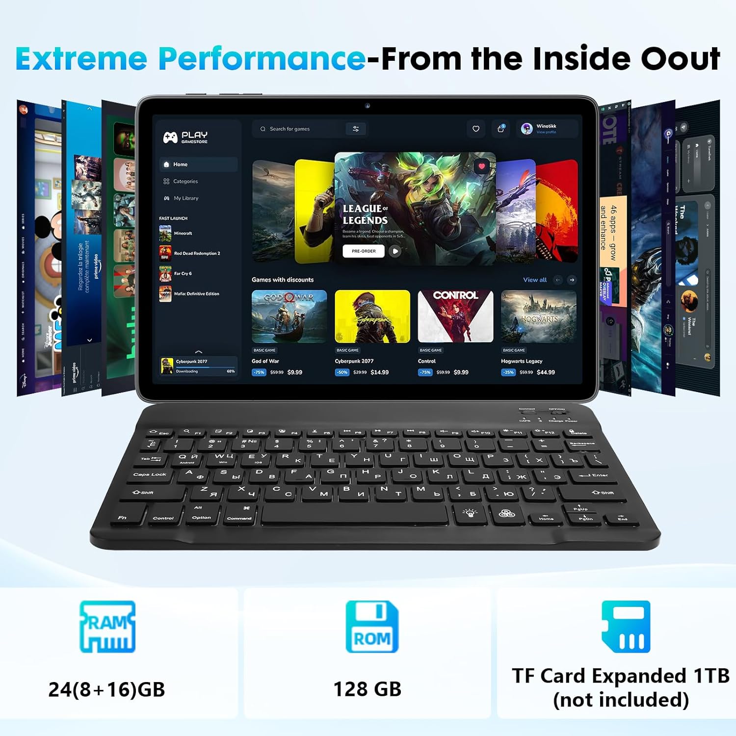 10 Inch Tablet, Android 15 Tablet with 24GB RAM + 128GB ROM (1TB Expandable), Octa-Core, 1280x800 IPS HD Touchscreen, 5MP+8MP Dual Camera, 6000mAh, Tablet with Keyboard, Mouse, Widevine L1(Blue) - PuriLite