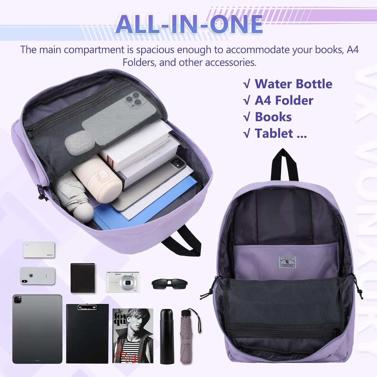 School Backpack for Kids,Lightweight Water Resistant Work Travel Backpack for Women Men Teens VONXURY - PuriLite