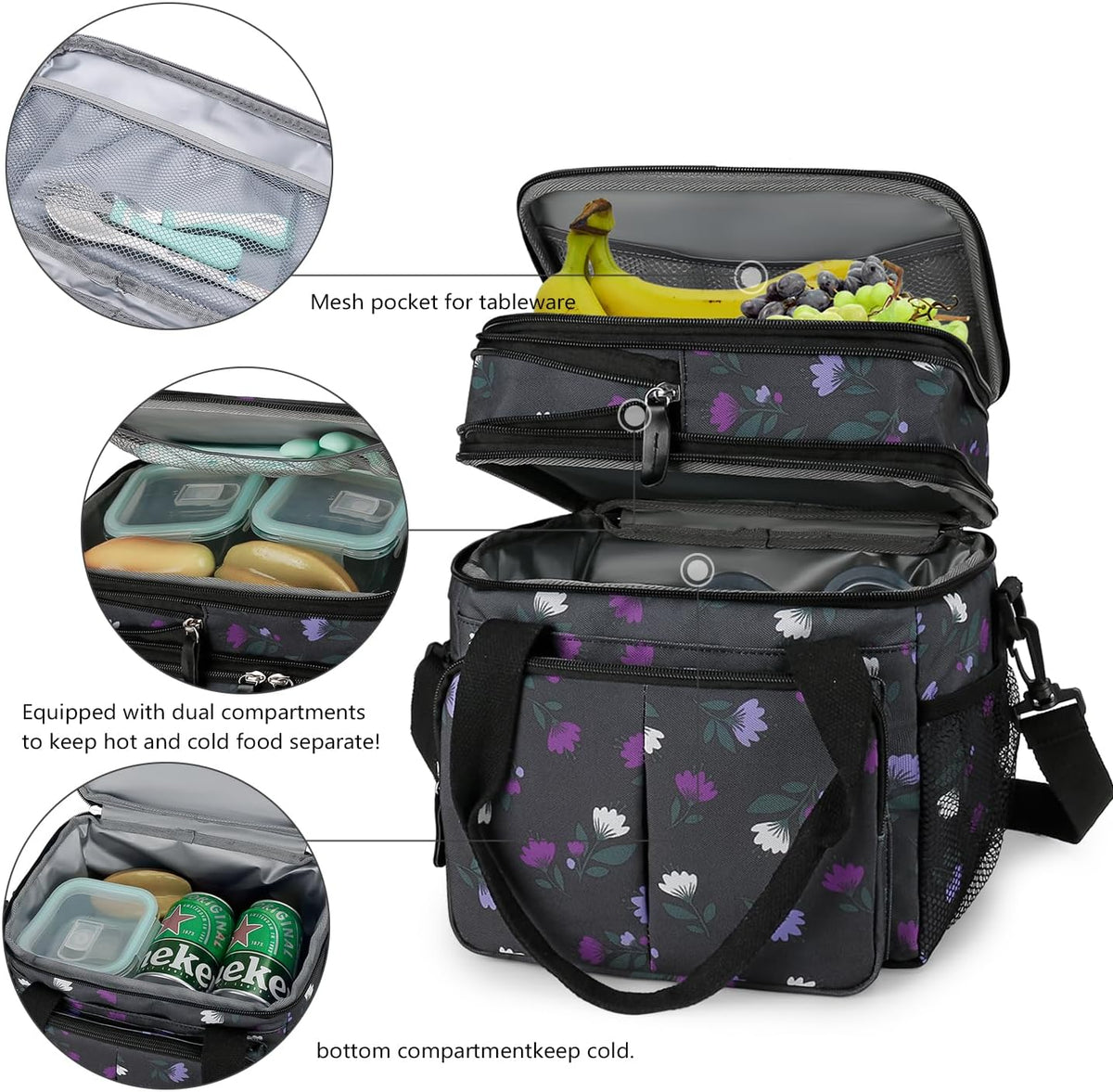 Lunch Bag Women Insulated Lunch Box for Work, Purple Expandable Large Lunch Bags, Leakproof Double Deck Lunch Box Cooler Bag（Purple） - PuriLite