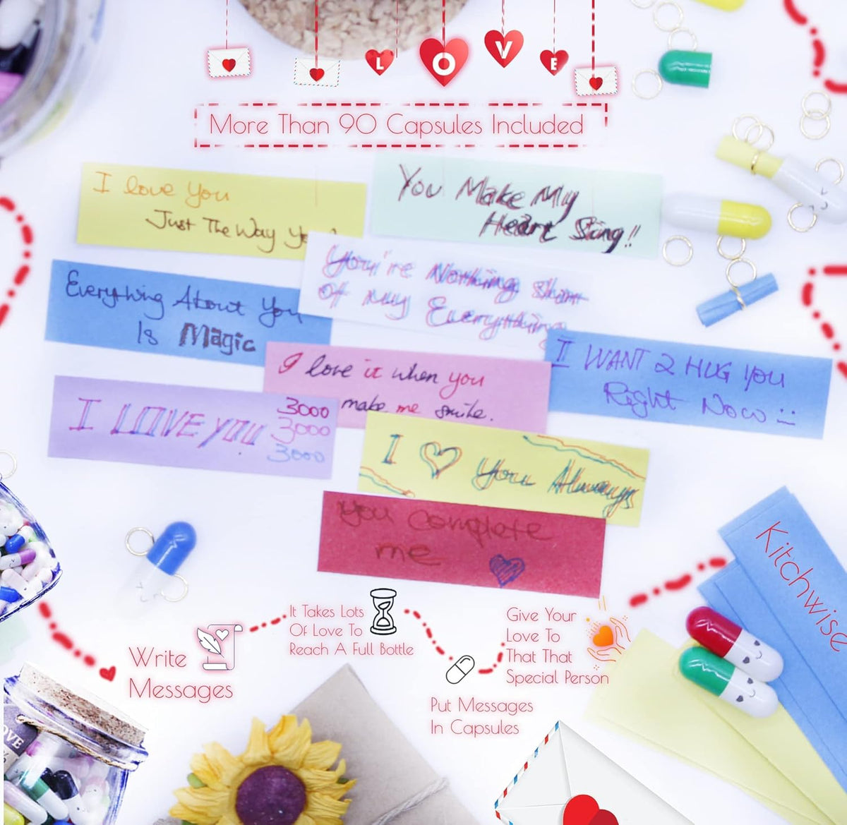 90pcs+ Message In a Bottle DIY Gift Extra Capsules and Notes (Mixed Colors) - PuriLite