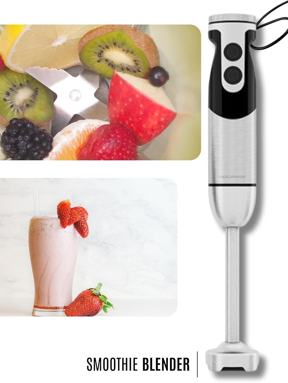 MEGAWISE new Hand Blender Series Only one Hand Blender,no attachments,12-Speed,Includes Powerful Blender Stick- Easy to Clean and Perfect for Smoothies, and More (Black) - PuriLite