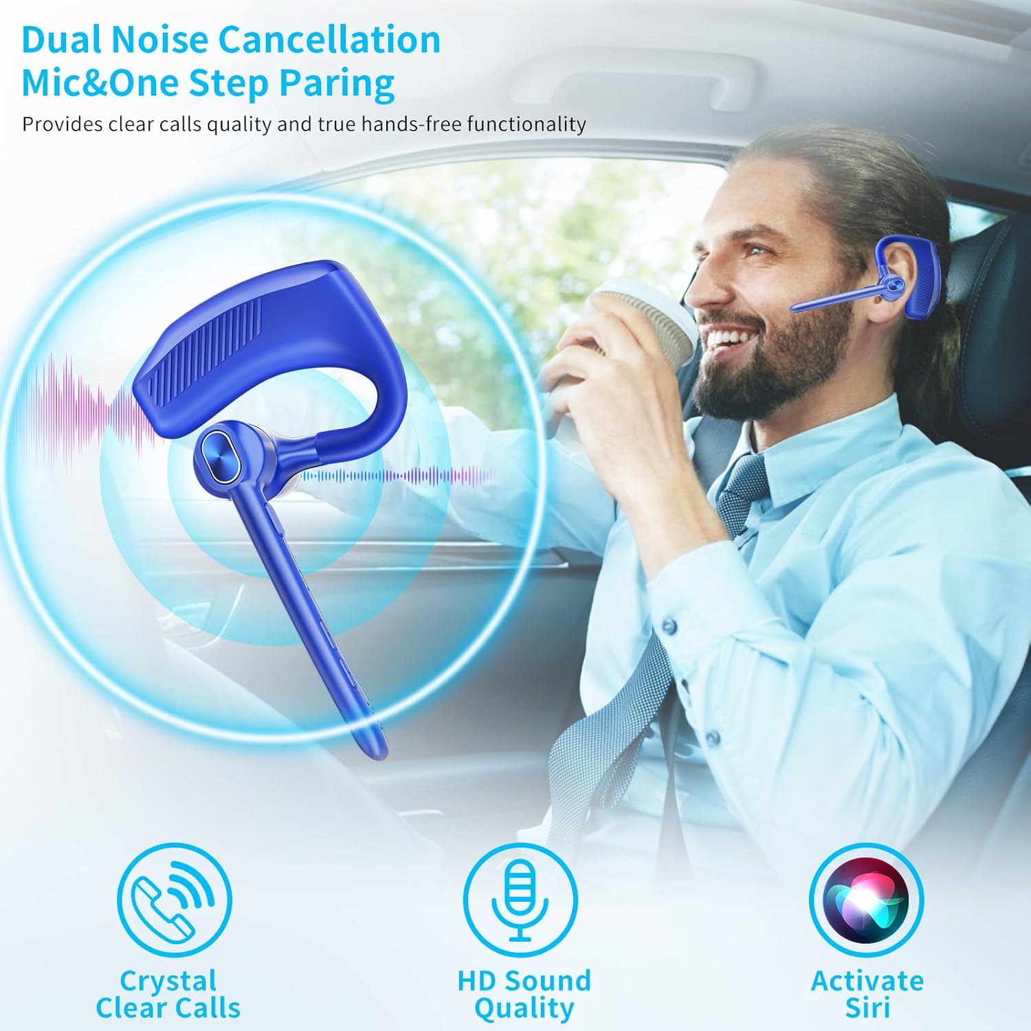Wireless Headset Bluetooth Earpiece with Dual Noise Canceling Microphone Hands Free Headphones Single Ear Earphone Over Ear Earbud for iPhone Samsung Android Cellphones TV PC Trucker Game Work - PuriLite