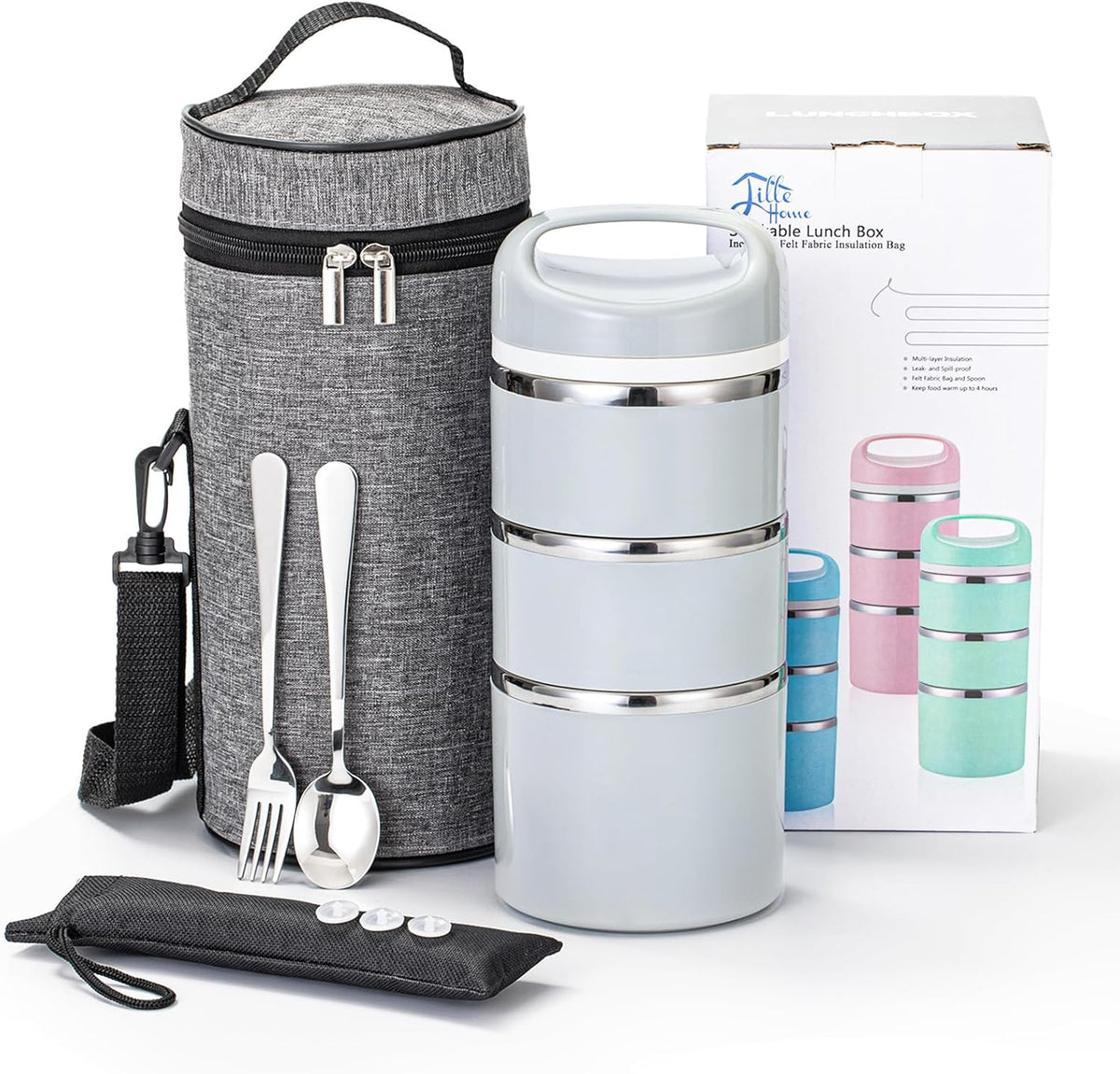 Lille Home Stackable Stainless Steel Thermal Compartment Lunch/Snack Box, 3-Tier Insulated Bento/Food Container with Lunch Bag, Cutlery Set and 3 Extra Seals, 43OZ (Gray) - PuriLite