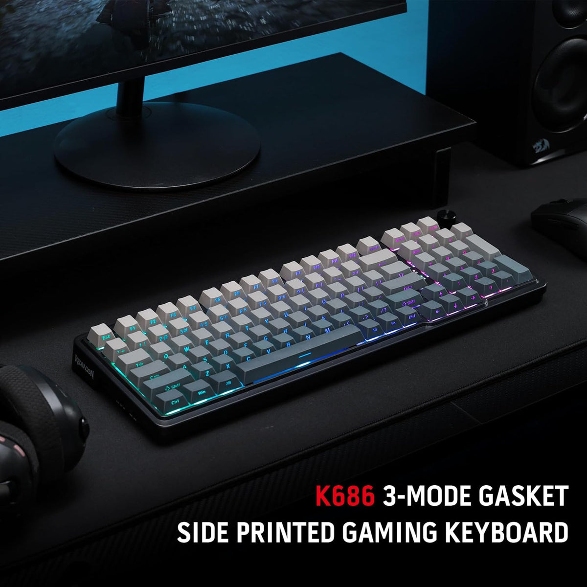 Redragon K686 PRO 98 Keys Wireless Gasket RGB Gaming Keyboard, 3-Modes Anime Mechanical Keyboard w/Hot-Swap Socket, Dedicated Knob Control & Sound Absorbing Pads, Custom Hi-Fi Linear Switch - PuriLite
