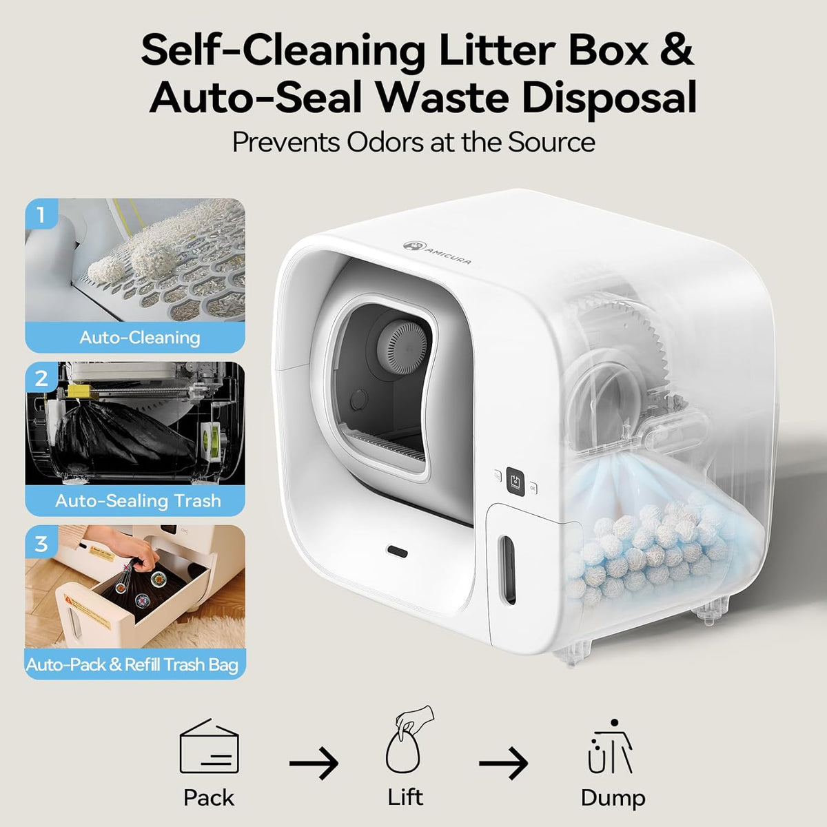 Amicura Automatic Cat Litter Box, Self Cleaning, 360-Degree Detection Smart Anti-Pinch, App Control, Odor-Proof, 65L Extra Large Open-top Cat Litter Box, Ultra Quiet Cat Toilet - PuriLite