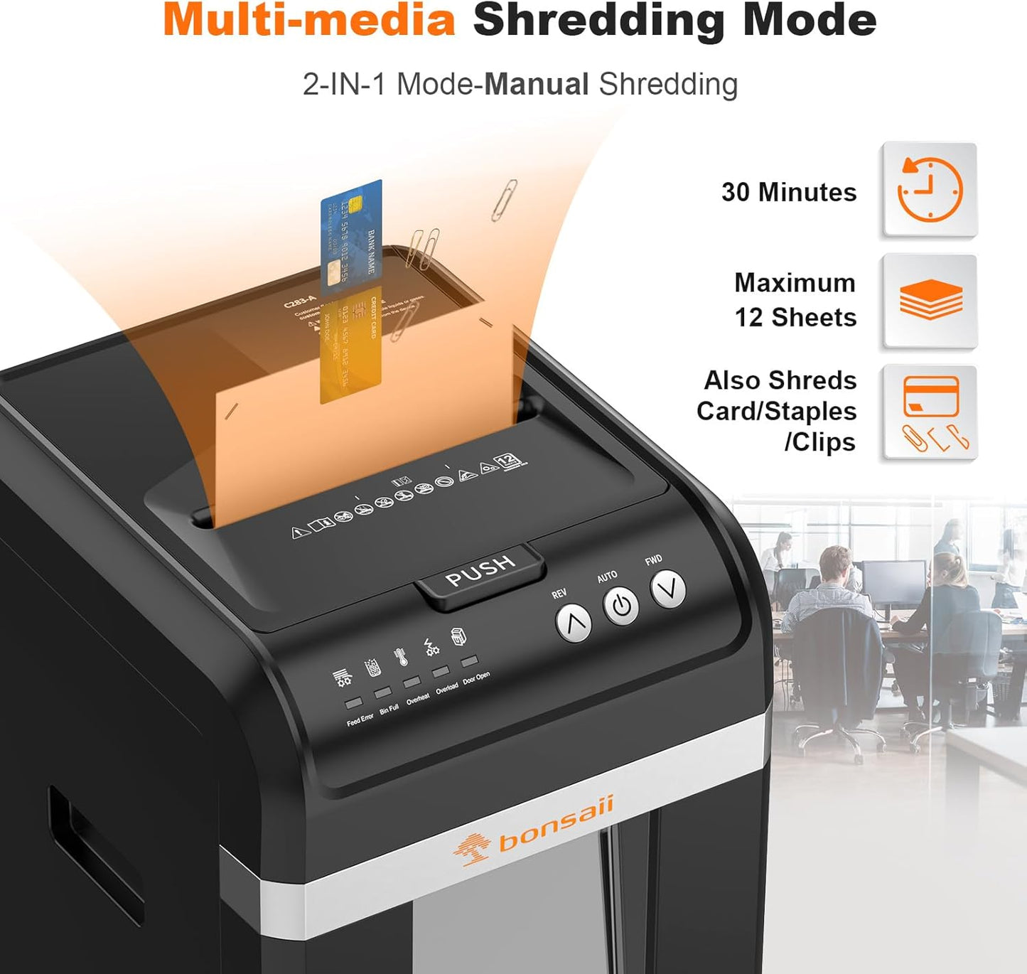 Bonsaii 200-Sheet Auto Feed Paper Shredder, 60 Minutes Nonstop Heavy Duty Shredders, 8.1 Gallon Large Bin Office Document Shredder, Micro-Cut/High Security P-4 Commercial Grade Shredder (C283-A) - PuriLite