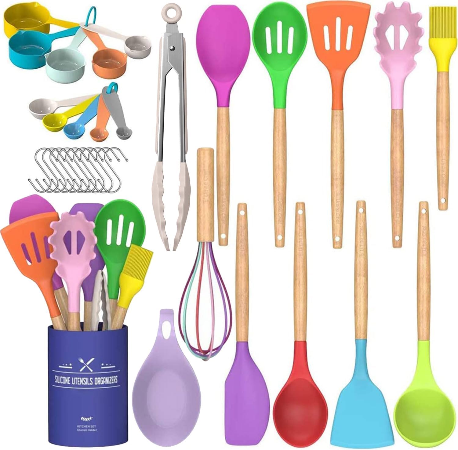 Umite Chef Kitchen Cooking Utensils Set, 33 pcs Non-Stick Silicone Cooking Kitchen Utensils Spatula Set with Holder, Wooden Handle Silicone Kitchen Gadgets Utensil Set (Khaki) - PuriLite