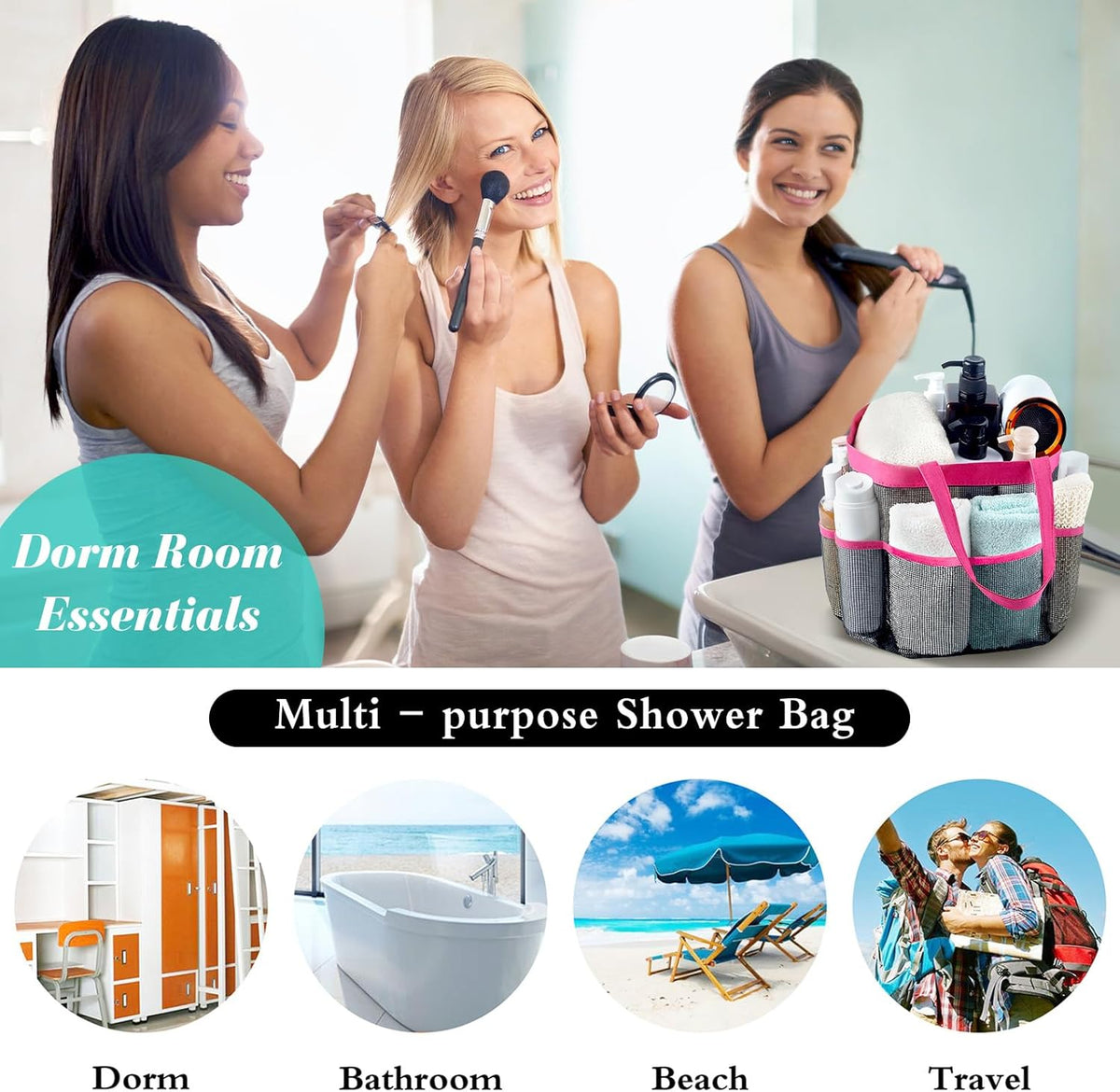 Attmu Mesh Shower Caddy Portable for College Dorm Room Essentials with 8 Pockets, Hanging Shower Caddy Basket Tote Bag Toiletry Accessories for Bathroom - PuriLite