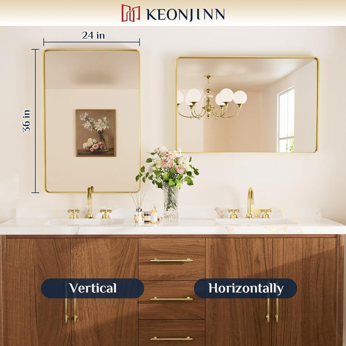 Keonjinn 42 x 36 Brushed Nickel Bathroom Vanity Mirror, Large Rounded Rectangle Bathroom Mirrors for over Sink, Metal Framed Silver Mirror for Wall, Shatterproof HD Tempered Glass(Horizontal/Vertical) - PuriLite