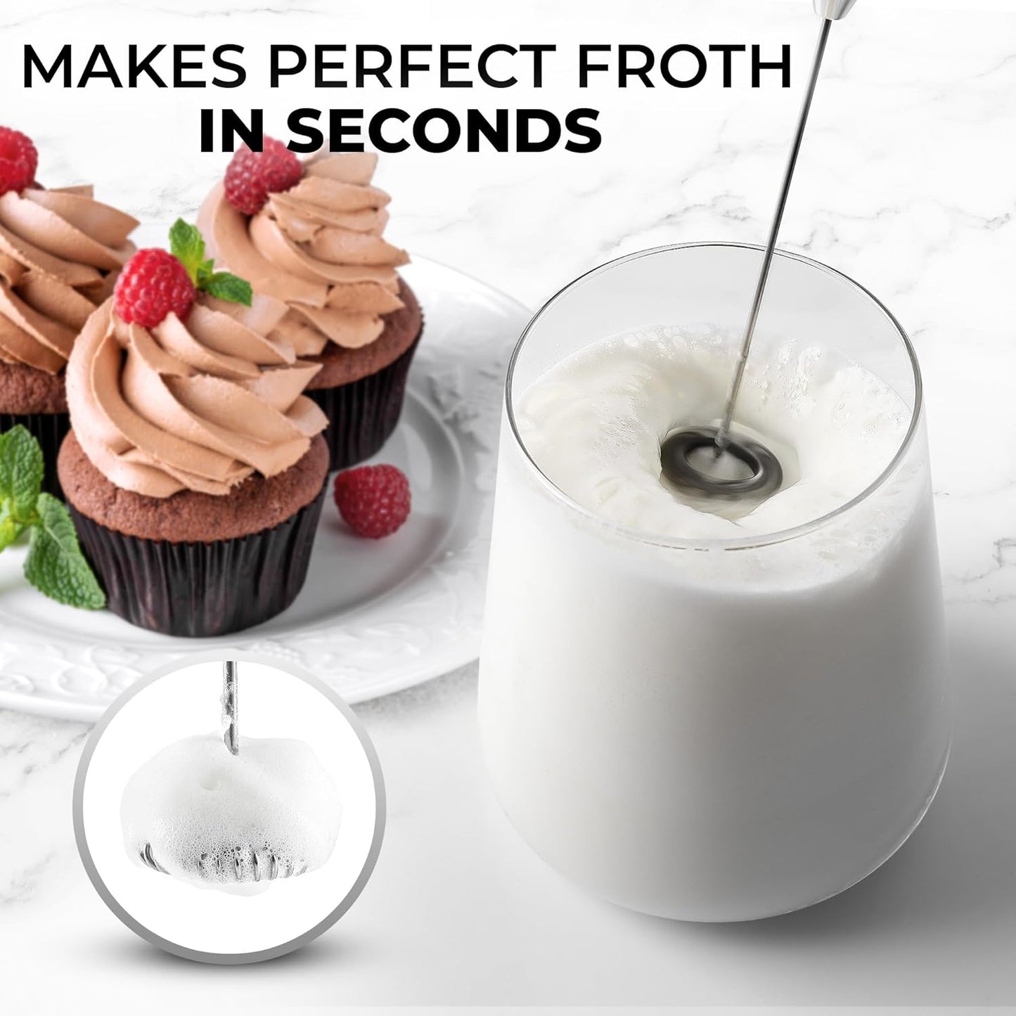 Zulay Kitchen Powerful Double Whisk Milk Frother Handheld - Foam Maker with Stand - Whisk Drink Mixer for Coffee, Mini Foamer for Latte, Matcha, Frappe, Hot Chocolate & Cappuccino (Black) - PuriLite