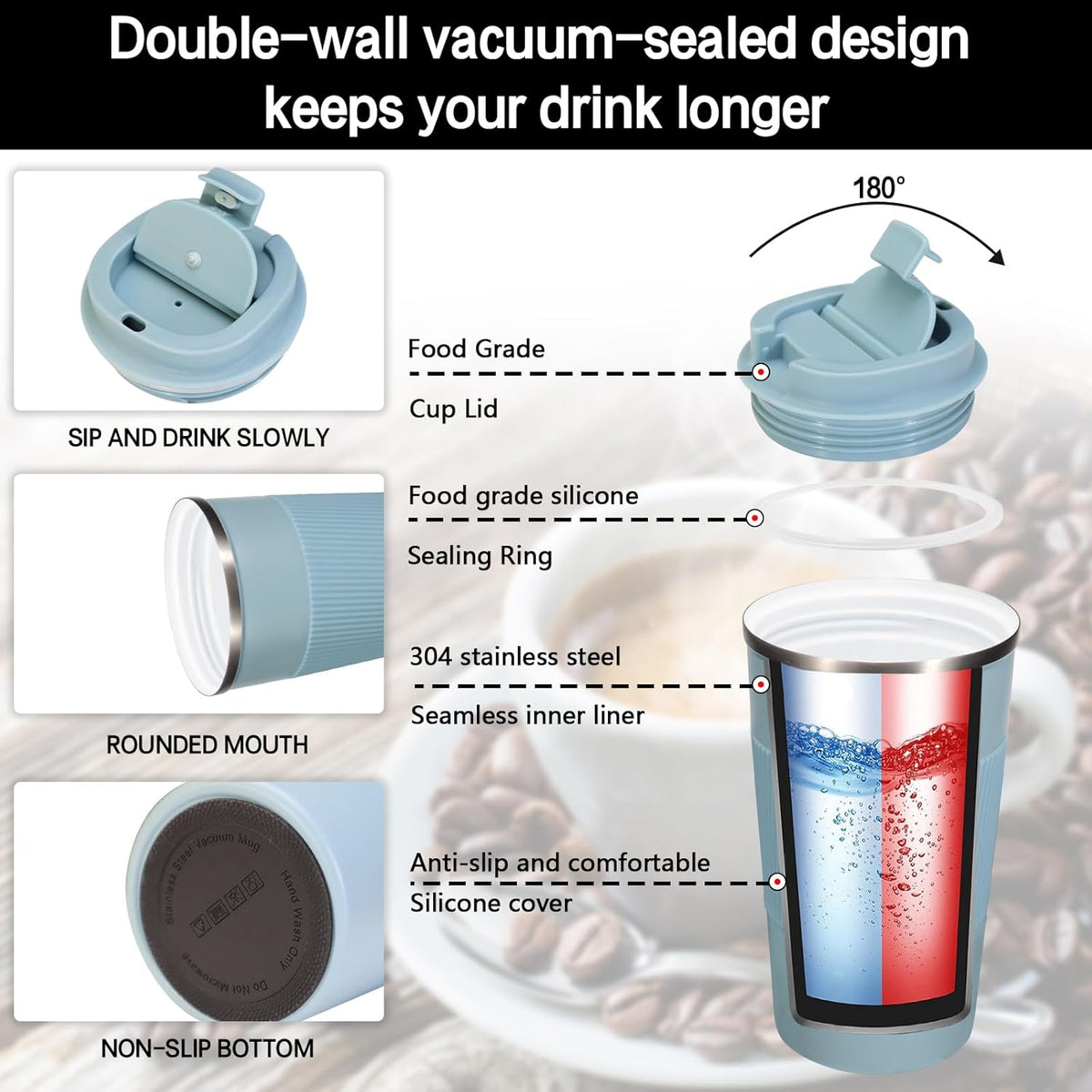 18oz Mug with Ceramic Coating Inside, Insulated Coffee Mug with Lid, Leak Proof Coffee Travel Mug, Travel Coffee Mug Fits in Car Cup Holder - PuriLite