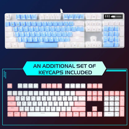 Mechanical Gaming Keyboard, 104 Keys White Backlit Mechanical Keyboards with Red Switches & Double-Shot Keycaps, MageGee Wired Ergonomic Computer Keyboard for Desktop, PC Gamers (White & Blue) - PuriLite