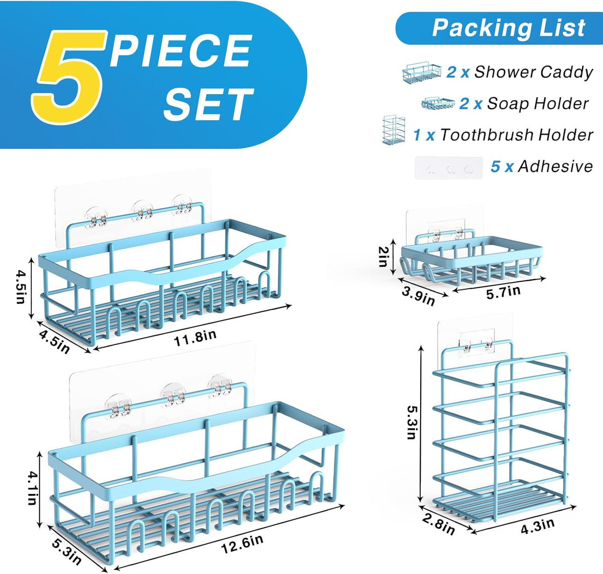 EUDELE 5-Pack Rustproof Stainless Steel Shower Caddy – No Drill Adhesive Bathroom Organizer with Large Capacity, Spacious Shower Shelves for Inside Shower, Kitchen & Home Decor Storage - PuriLite