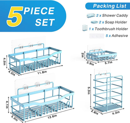 EUDELE 5-Pack Rustproof Stainless Steel Shower Caddy – No Drill Adhesive Bathroom Organizer with Large Capacity, Spacious Shower Shelves for Inside Shower, Kitchen & Home Decor Storage - PuriLite
