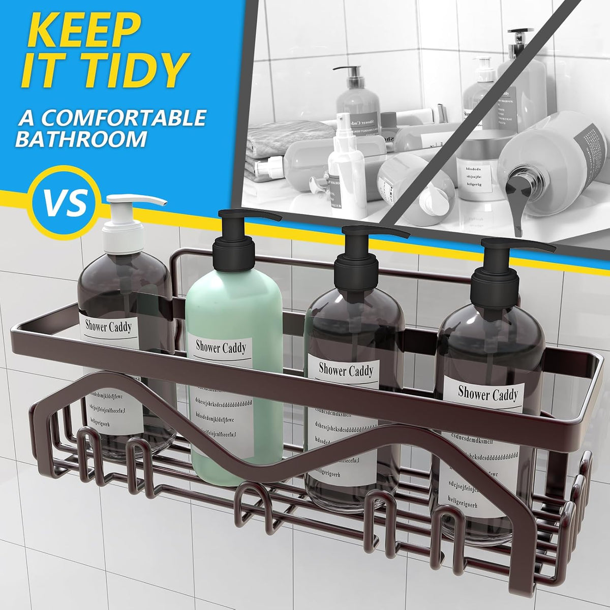 Coraje Adhesive Shower Caddy, 5-Pack Shower Shelves, Large Capacity Load Bearing 40 LBS Shower Organizer, No Drilling Shower Shelf, Rustproof Stainless Steel Bathroom Shower Storage, Black - PuriLite
