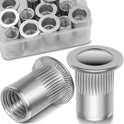 Vifmy Metric & SAE Rivet Nut Assortment Kit(420 Pcs),m3 m4 m5 m6 m8 m10 m12#6-32#8-32#10-24 1/4"-20 5/16"-18 3/8"-16 UNC Flat Head Rivnut Set,Zinc Plated Finish Carbon Steel Nutsert - PuriLite