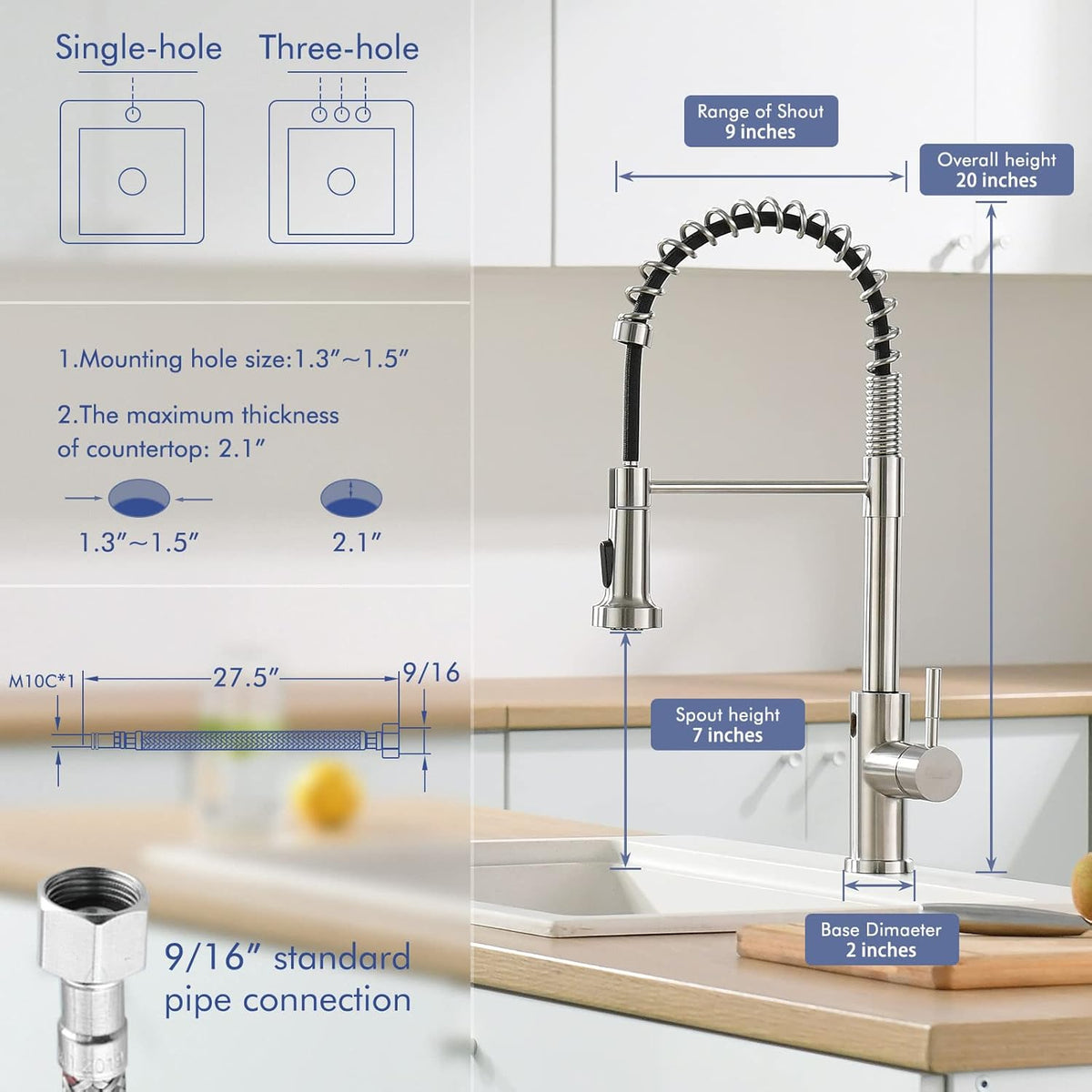 GIMILI Matte Black Kitchen Faucet with LED Light,Single Hole Spring Kitchen Sink Faucet with Pull Down Sprayer - PuriLite