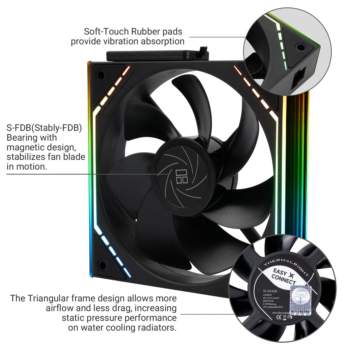 Thermalright TL-M12QR X3 Case Fan, CPU Cooler Comes with ARGB Mirror Light Effect,PC PWM Silent Cooling with 1500RPM Speed,Reverse CPU Cooler Fan (120mm, Black) - PuriLite